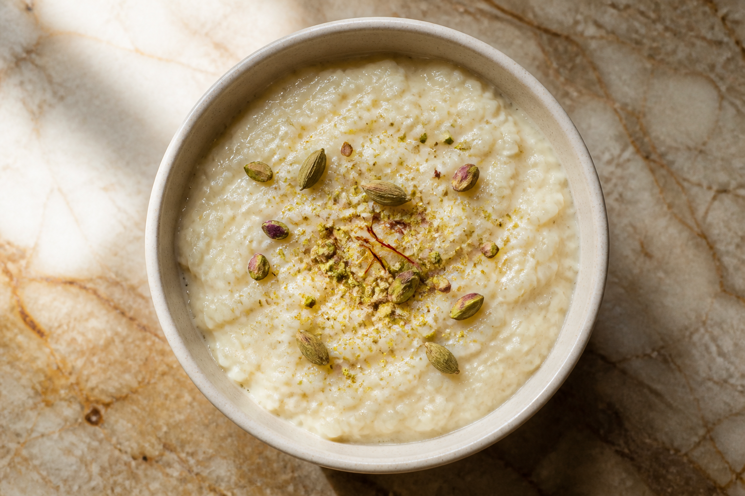 Kheer rice pudding with pistachios and cardamom