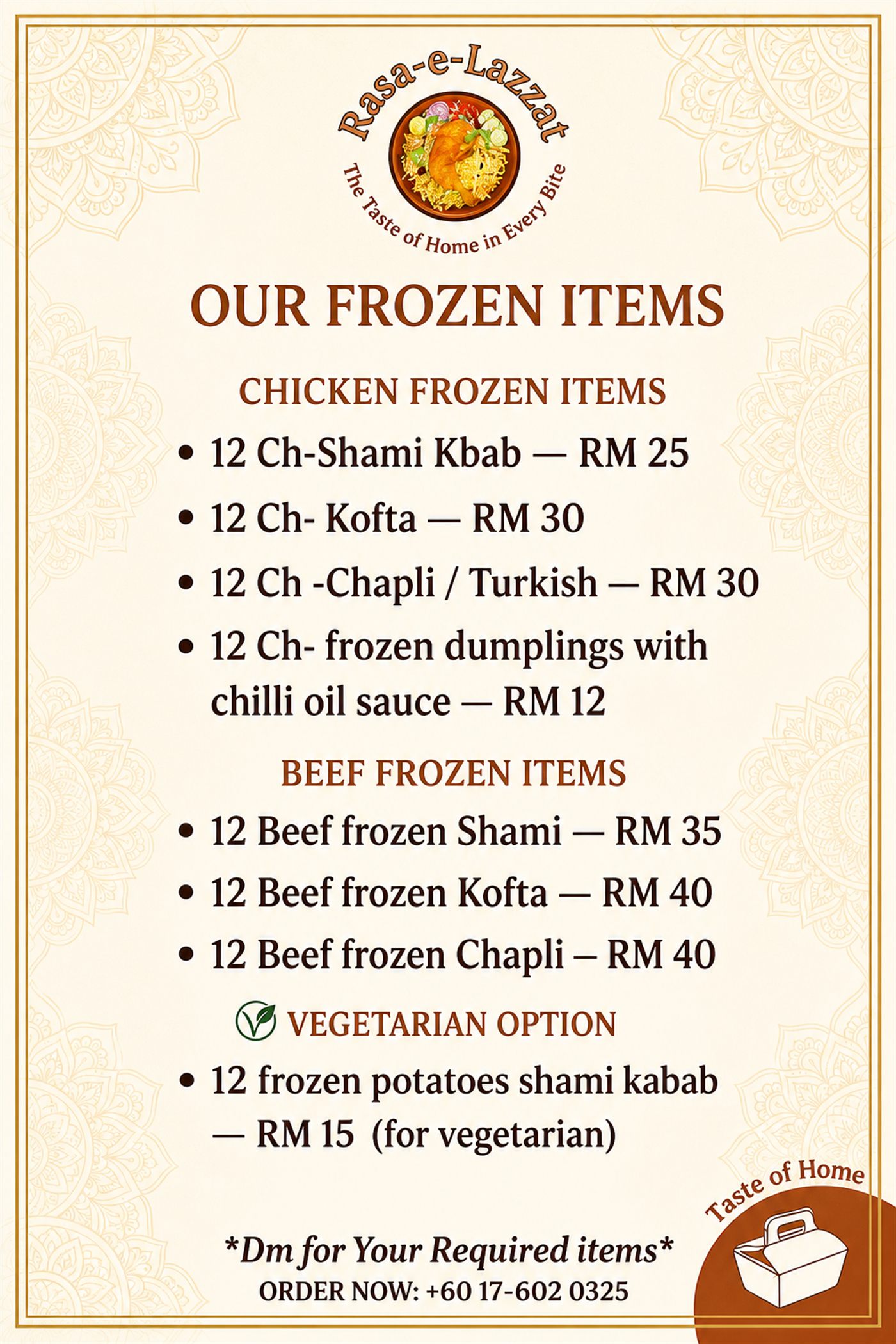 Our Frozen Items flyer — chicken, beef, and vegetarian packs with prices