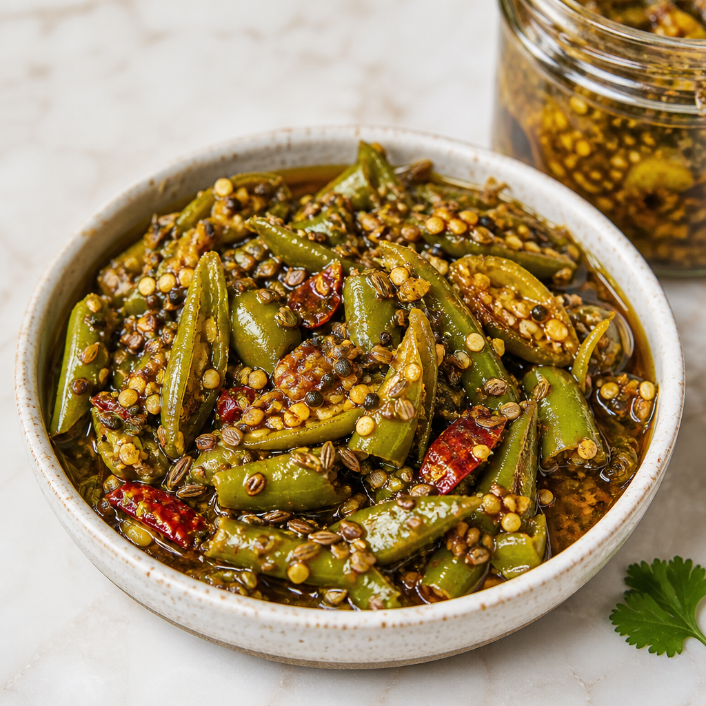 Coarse green chilli pickle in mustard oil, with whole spices