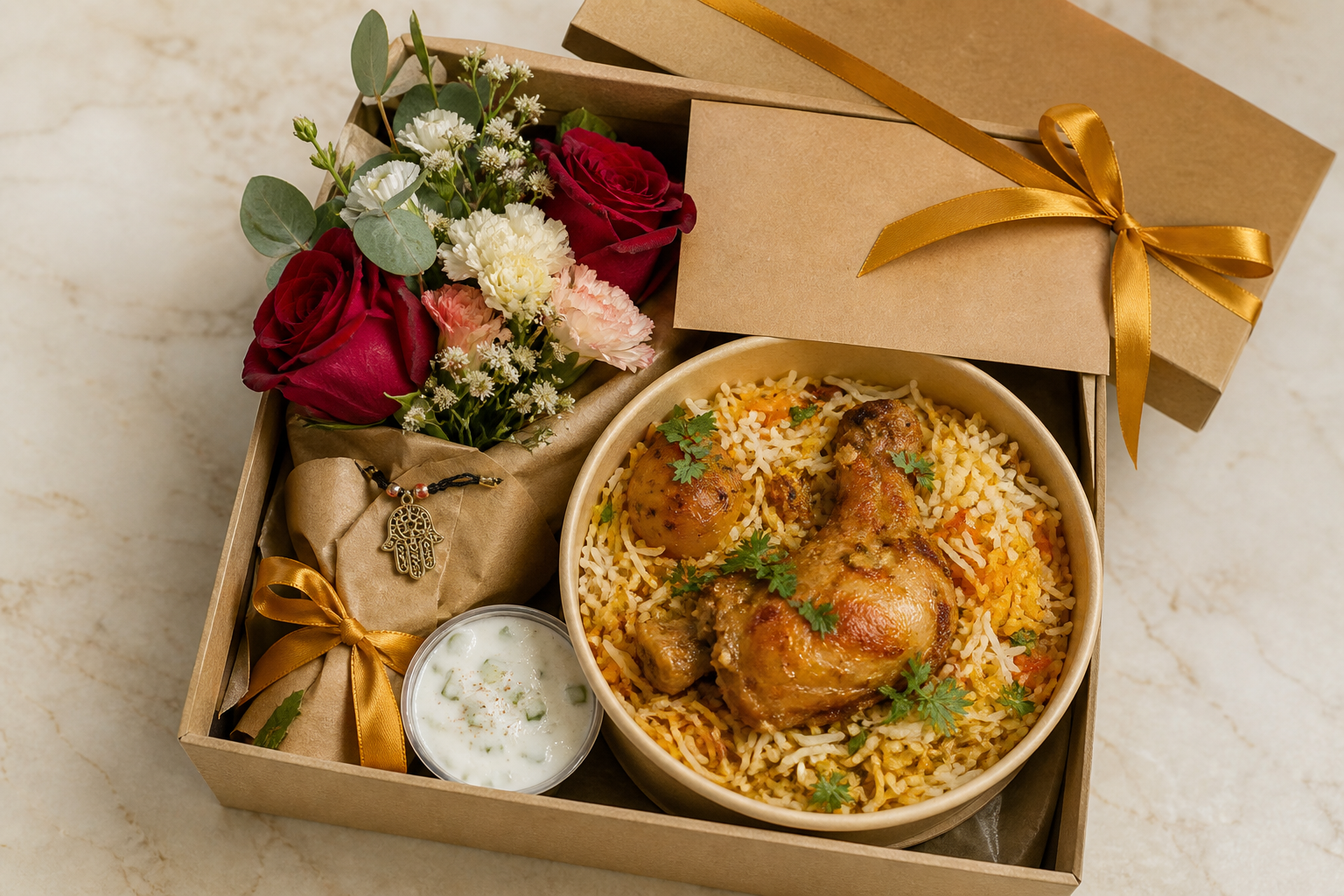 Packed Biryani is Love special: chicken biryani in a bowl, red roses, a small flower bunch, and a charm in kraft wrap with saffron ribbon